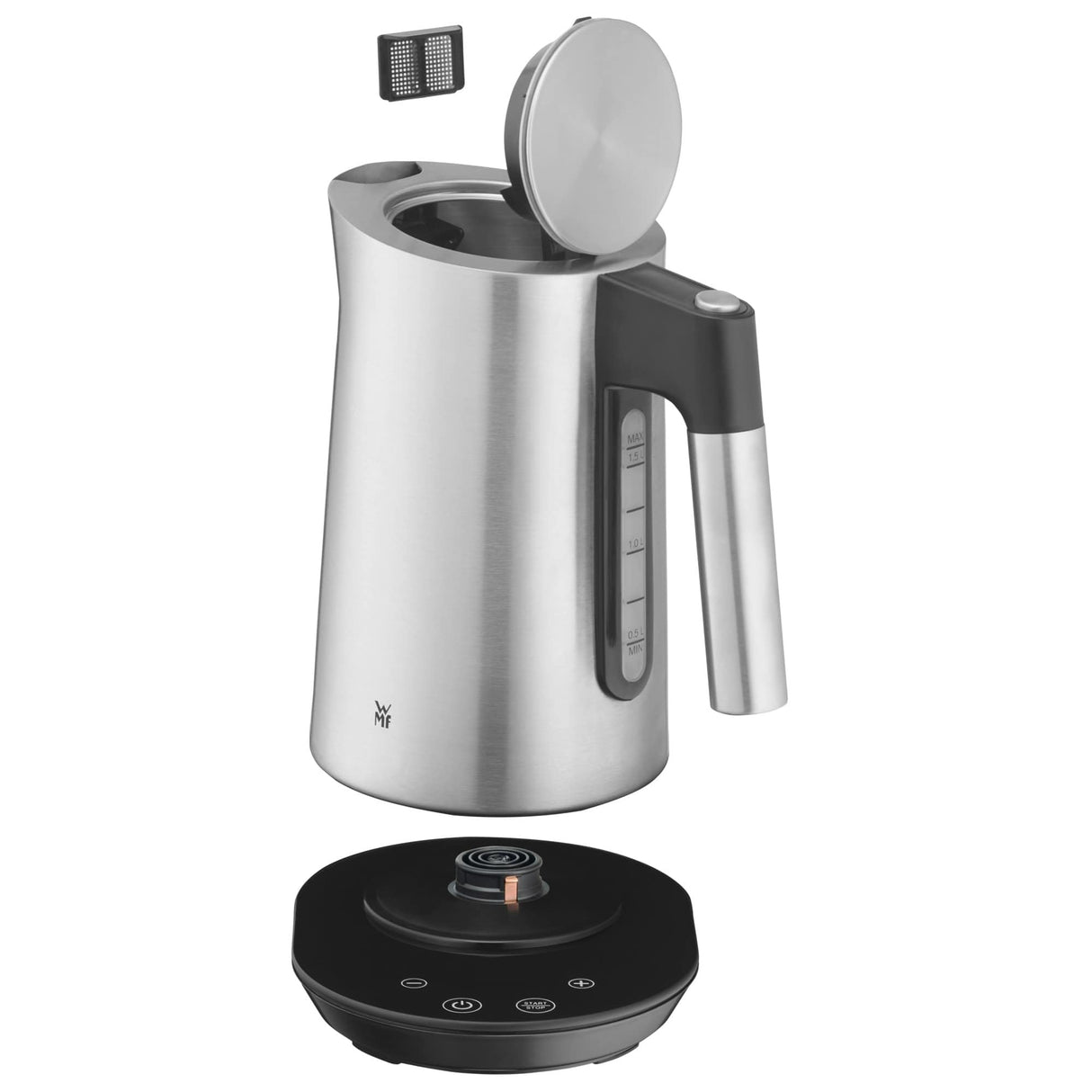 WMF Kineo Hervidor de agua con ajuste de temperatura, 1,6 l, filtro de cal, 3000 W, indicador de temperatura en vivo, hervidor eléctrico de agua de acero inoxidable mate