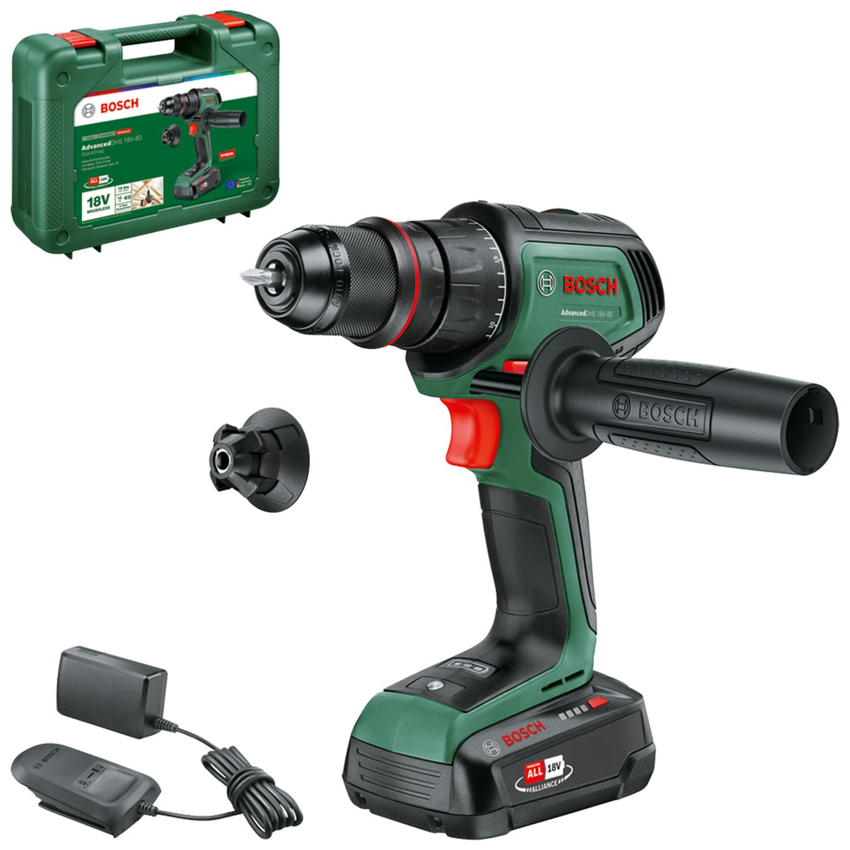 Bosch Taladro/atornillador con batería AdvancedDrill 18V-80 (taladrar/atornillar; sist. 18V; 78 Nm; portabrocas 13 mm; caperuza magn.; empuñadura adic.; con batería y cargador)