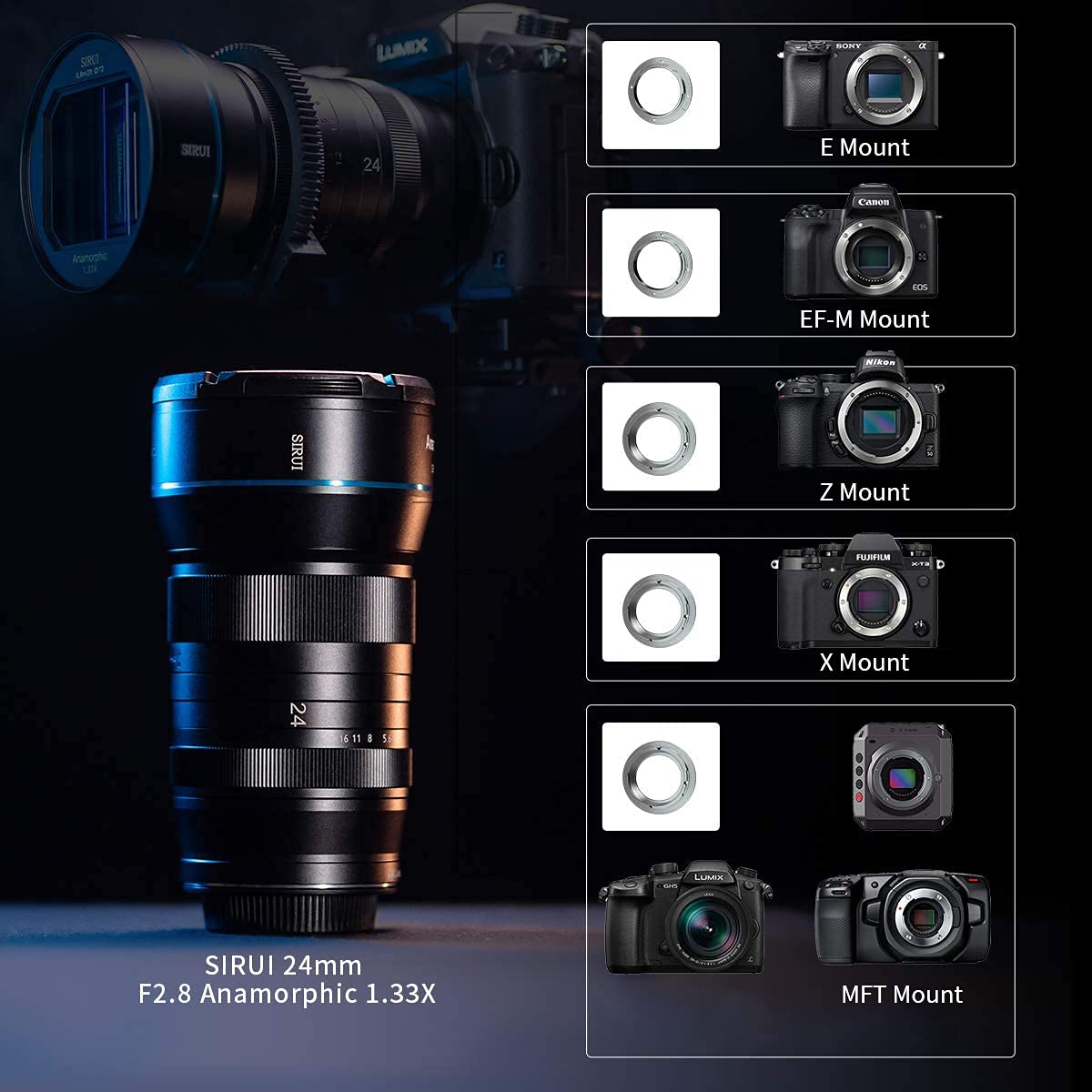SIRUI 24mm E F2.8 1.33X APS-C Lente Anamórfica con Montura E para SonyA5000 A5100 A6000 A6100 A6300 A6400 A6500 A6600 NEX-3 NEX-3N NEX-3R NEX-5TNEX-5R NEX-5 NEX-5N NEX-7 NEX5C