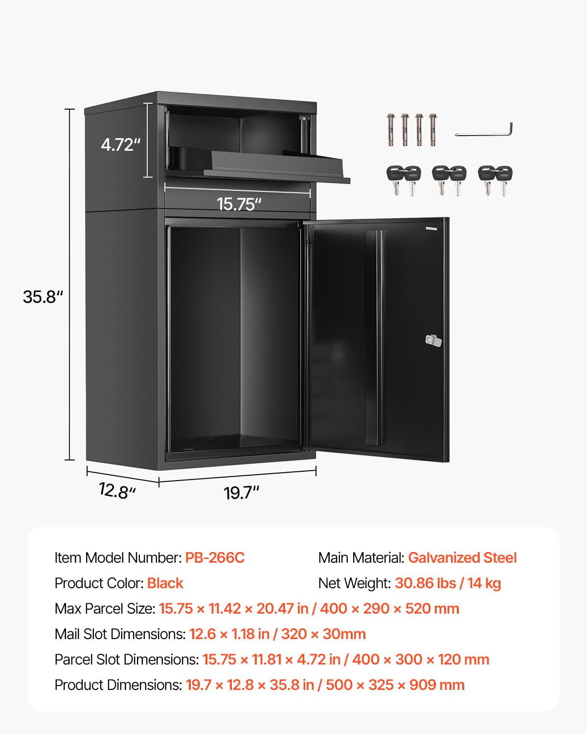 VEVOR Buzón de Correo para Paquetes de Exterior 500 x 325 x 909 mm Buzón con Cerradura de Acero Galvanizado con Diseño Antirrobo Resistente a la Intemperie para Hogar, Oficina, Porche, Negro