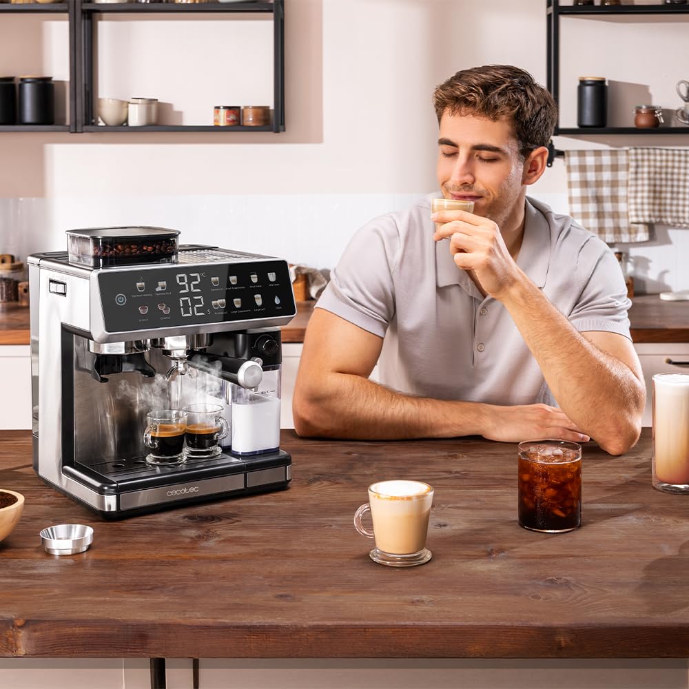 Cecotec Cafetera Express Barista Power Espresso 20 Barista Grind & Latte. 1350W, 20 Bares, Molinillo Cónico, 2.6L Depósito Agua, 100g Café y 500ml Leche, Pantalla Táctil, Autolimpieza, Personalizado