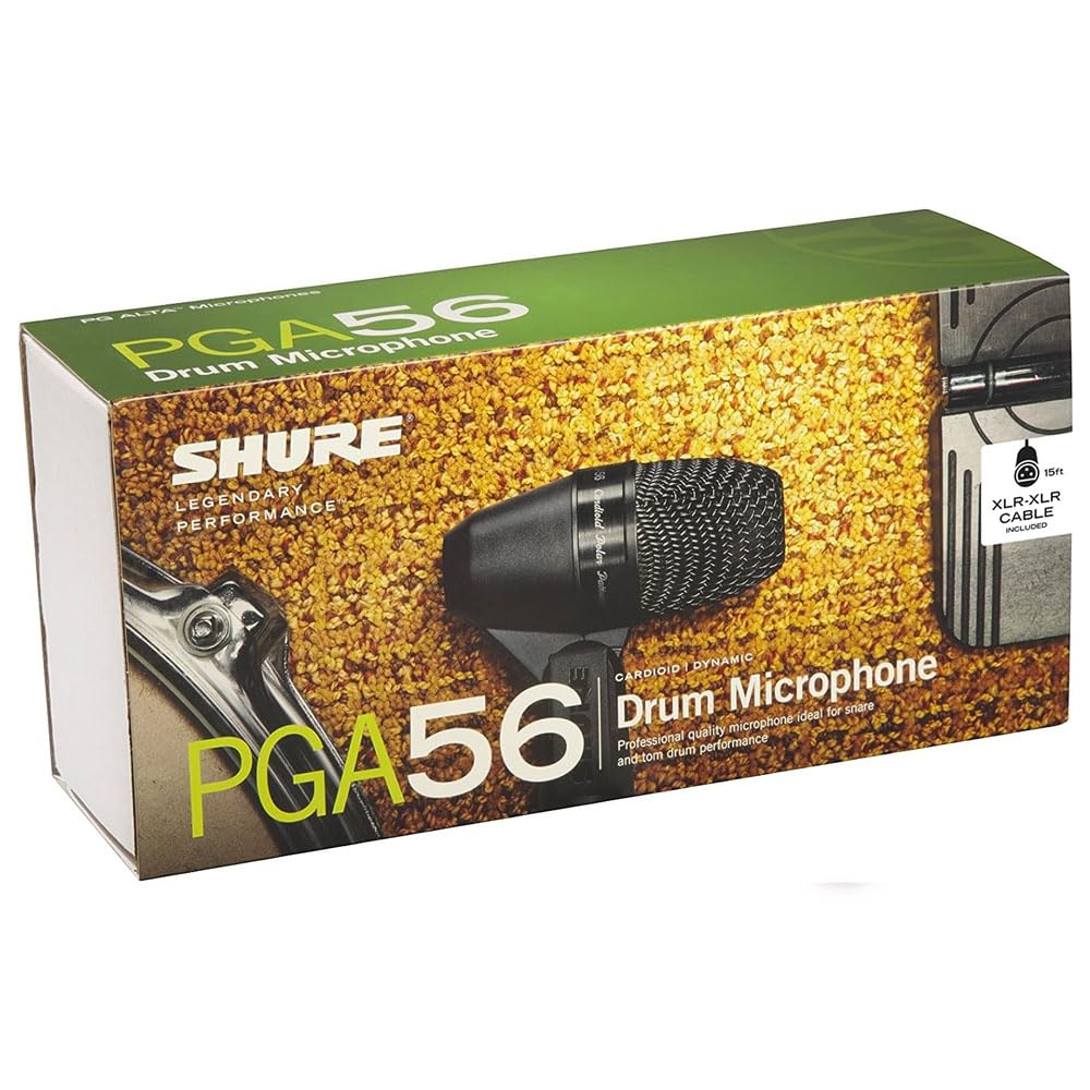 SHURE PGA56 - Micrófono dinámico cardioide para caja/timbales con acople giratorio, soporte para batería y cable XLR a XLR