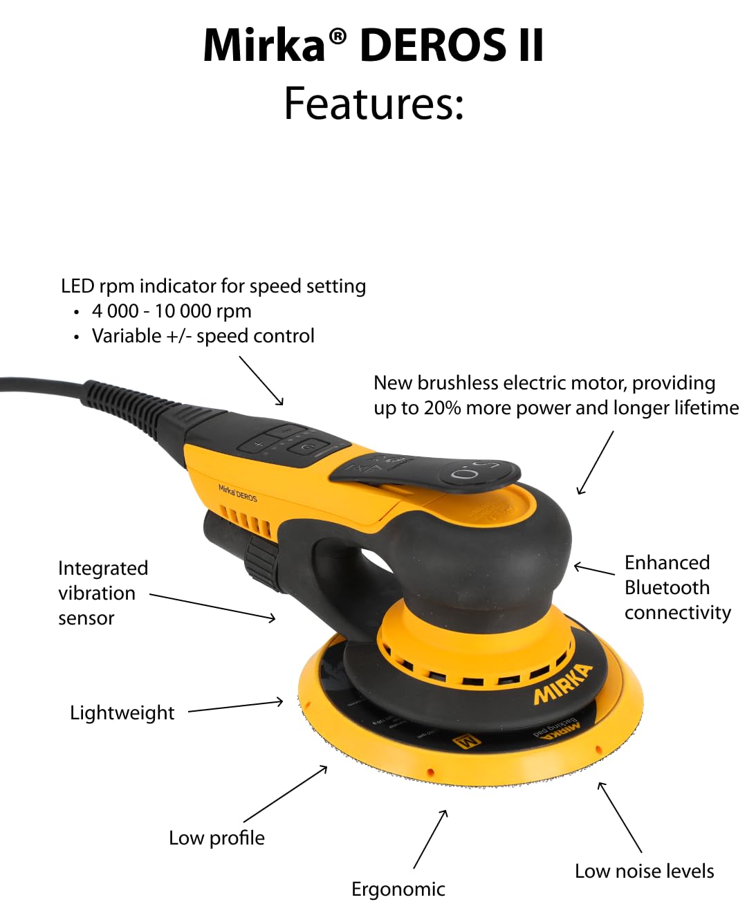 Mirka DEROS II 650 Lijadora electrica excéntrica con aspiración central y cierre adhesivo para papel de lija Ø 150 mm/Órbita 5.0mm Lijadora orbital para lijado sin polvo de madera, yeso y metal