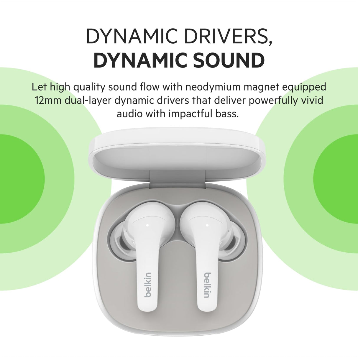 Belkin Auriculares inalámbricos True Wireless SOUNDFORM Flow con cancelación Activa del Ruido, Bluetooth, Carga inalámbrica, Resistencia IPX5, 31 Horas de batería, iPhone, Galaxy y Pixel, Blancos