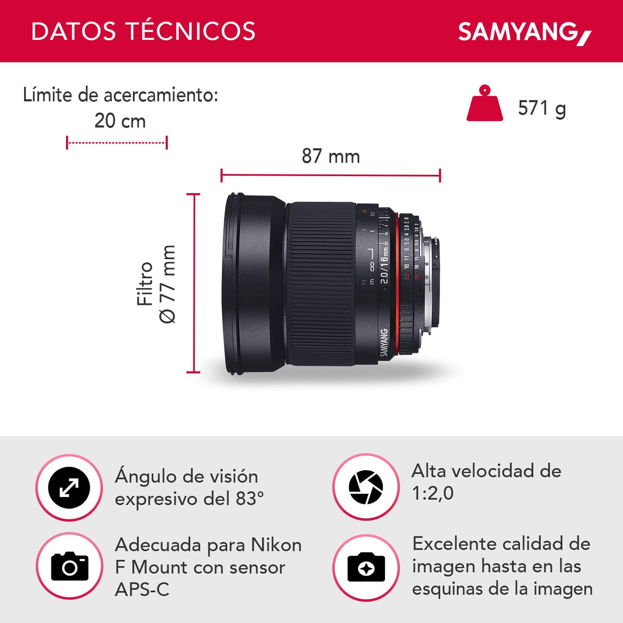 Samyang F1120703101 - Objetivo fotográfico DSLR para Nikon F Ae (Distancia Focal Fija 16mm, Apertura f/2-22 ED AS UMC CS, diámetro Filtro: 77mm), Negro