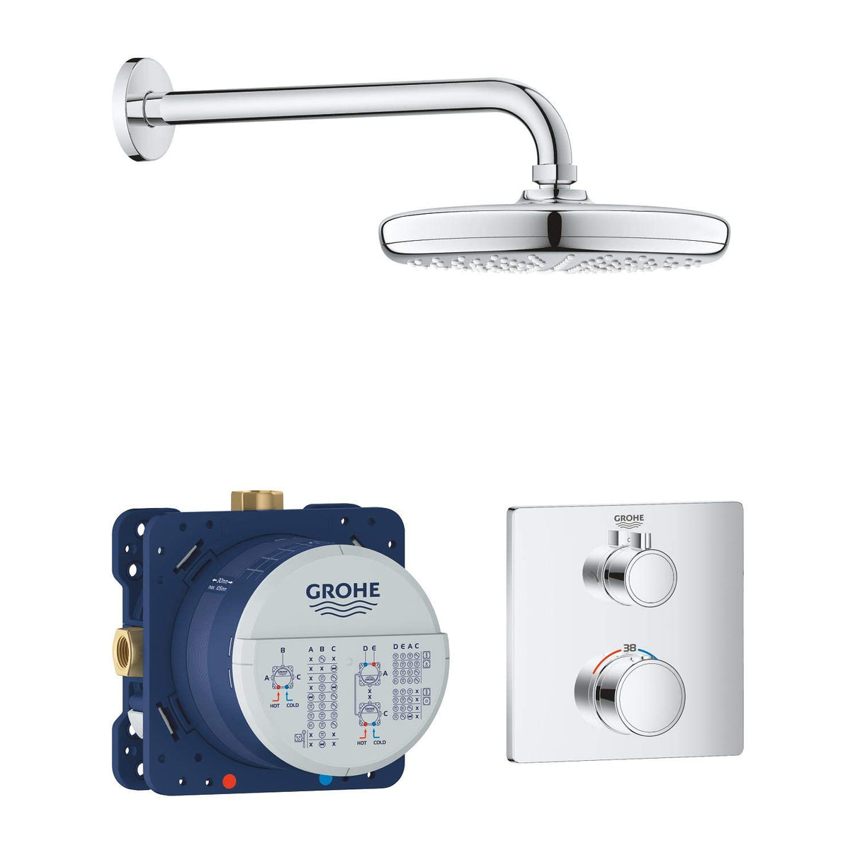 Grohe Grohtherm Tempesta - Set de ducha con termostato, cuerpo empotrado, ducha mural, brazo de ducha y teleducha, Cuandrado (Ref.34728000)