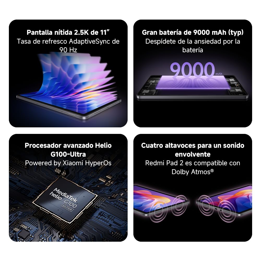XIAOMI Redmi Pad 2 + Funda - Tablet de 11" 2.5K (MediaTek G100-Ultra, 4GB de RAM, 128GB de ROM, WiFi 5 + Bluetooth 5.3, Batería de 9000 mAh, Cargador no Incluido), Gris (Versión ES)