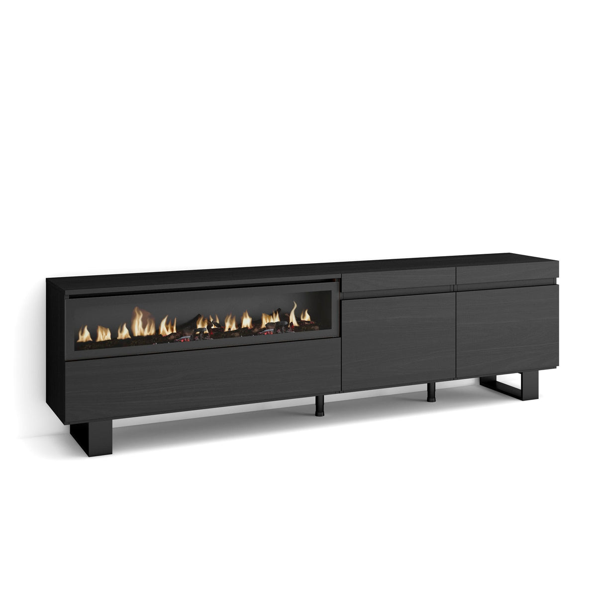 Skraut Home | Mueble TV | Televisión | Muebles de salón, almacenaje | 200x57x35cm | para TV hasta 80" | Chimenea eléctrica | Diseño Industrial | Estilo Moderno | Negro