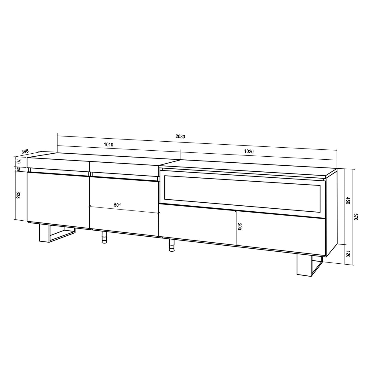 Skraut Home | Mueble TV | Televisión | Muebles de salón, almacenaje | 200x57x35cm | para TV hasta 80" | Chimenea eléctrica | Diseño Industrial | Estilo Moderno | Blanco y Negro
