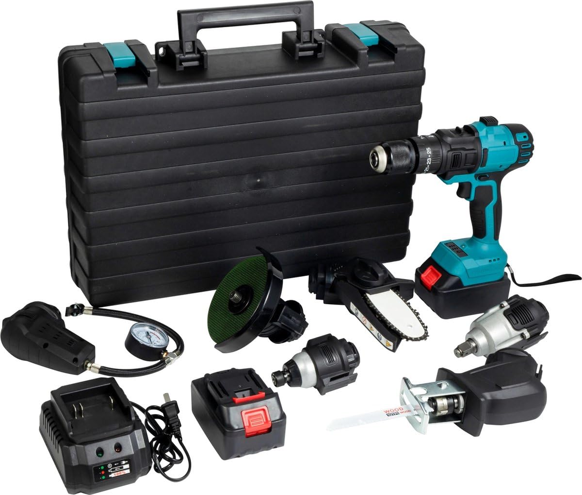 ROYALTY LINE, Juego de taladro inalámbrico 7 en 1 con motosierra, bomba de aire, amoladora angular, llave de impacto, 2 baterías de 24 V, bolsa de almacenamiento - Tamaño: Compacto, Color: Azul