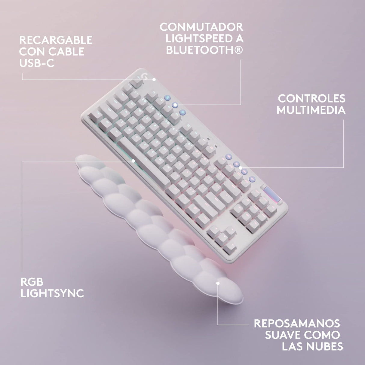 Logitech G G715 Teclado inalámbrico para Juegos con Velocidad de luz RGB LIGHTSYNC, interruptores táctiles (GX Brown) y reposamuñecas para Teclado, PC y Mac, Niebla Blanca