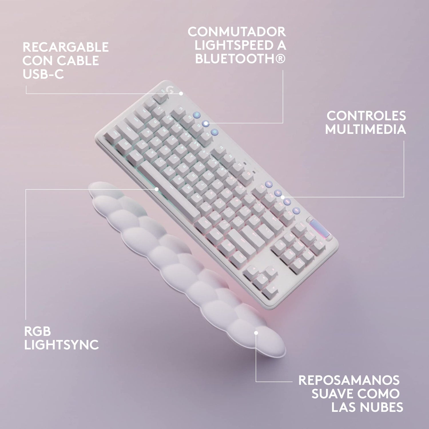 Logitech G G715 Teclado inalámbrico para Juegos con Velocidad de luz RGB LIGHTSYNC, interruptores táctiles (GX Brown) y reposamuñecas para Teclado, PC y Mac, Niebla Blanca