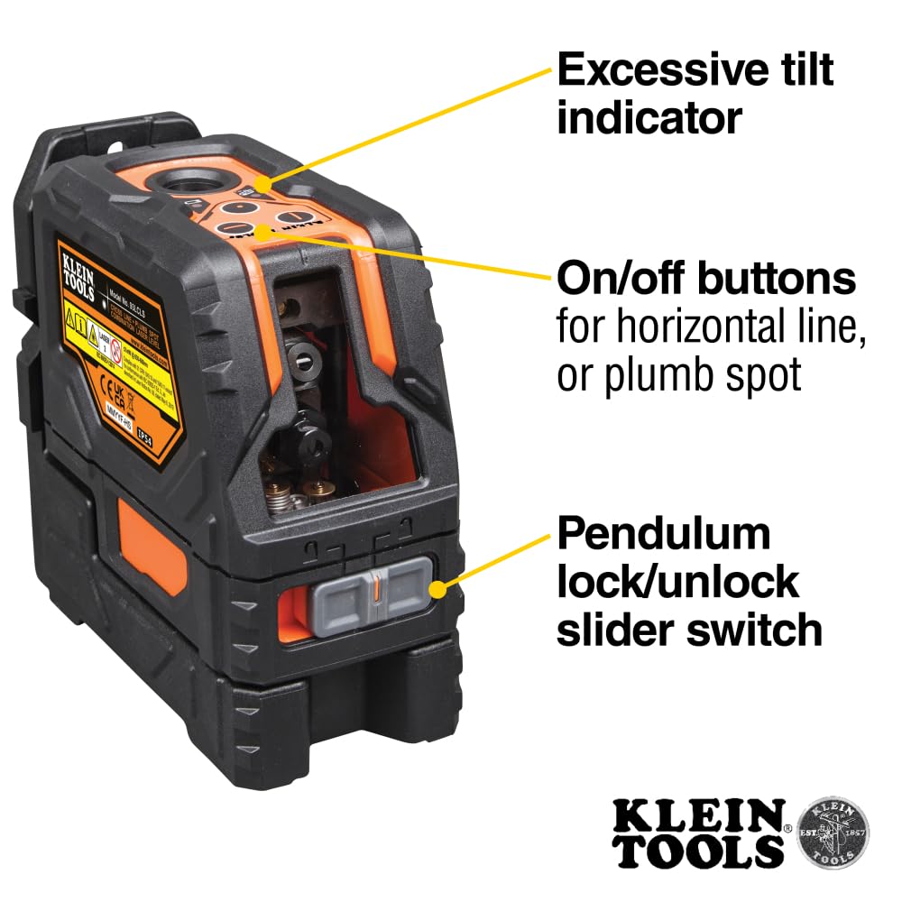 Klein Tools 93LCLS - Nivel láser de línea cruzada con punto de plomada, autonivelante, incluye abrazadera de montaje magnética