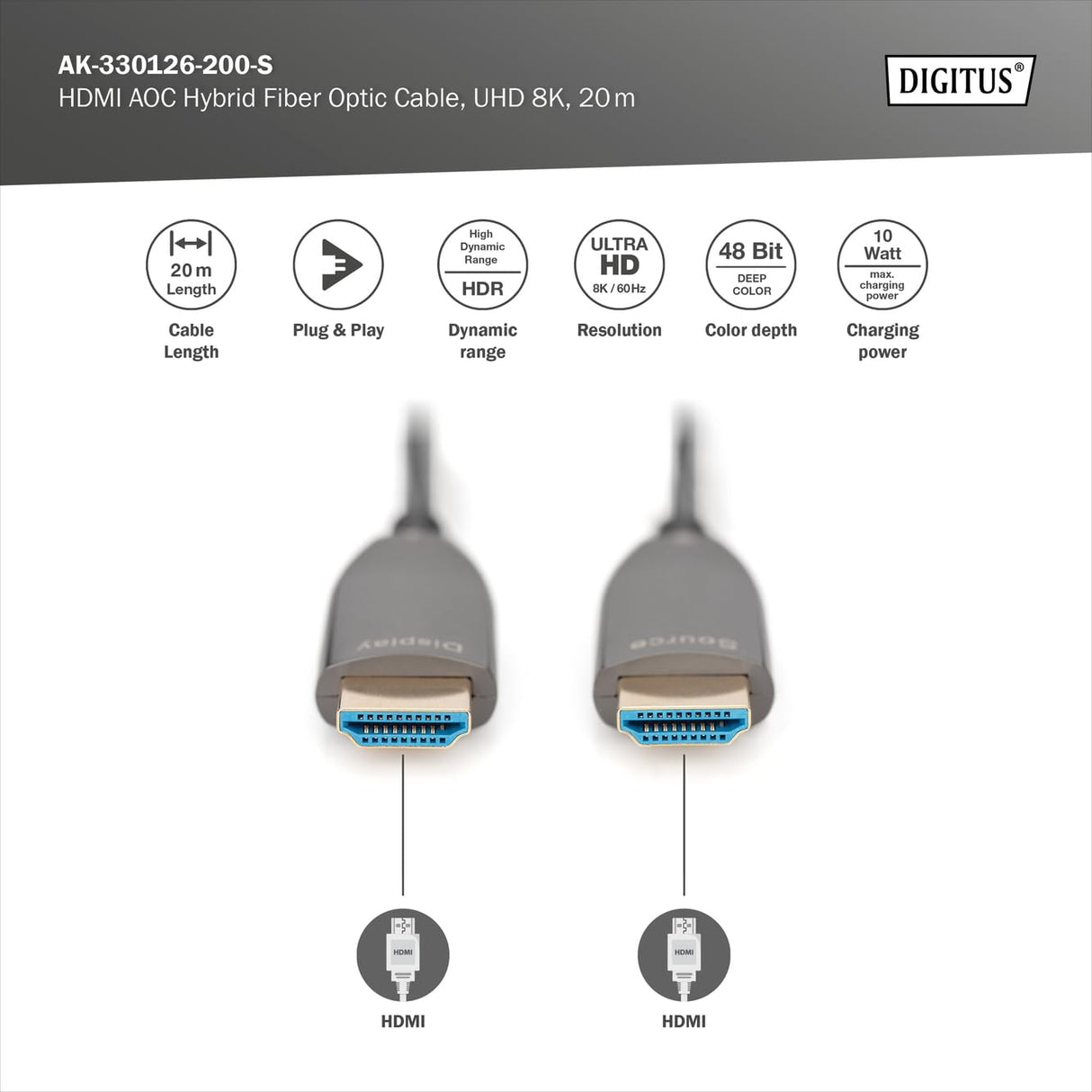 DIGITUS HDMI AOC Cable híbrido de fibra óptica - HDMI 2.1 - 30m - 8k/60Hz - UHD-II - canal Ethernet - HDR eARC HDCP 2.2 - compatible con TV/beamer/monitor - contactos chapados en oro - Negro