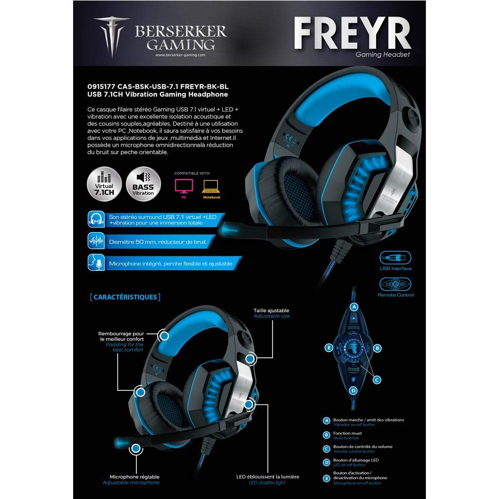 BERSERKER Auriculares Gaming USB 7.1 con Micrófono, Vibración de Graves, LED, Control Remoto, 50mm