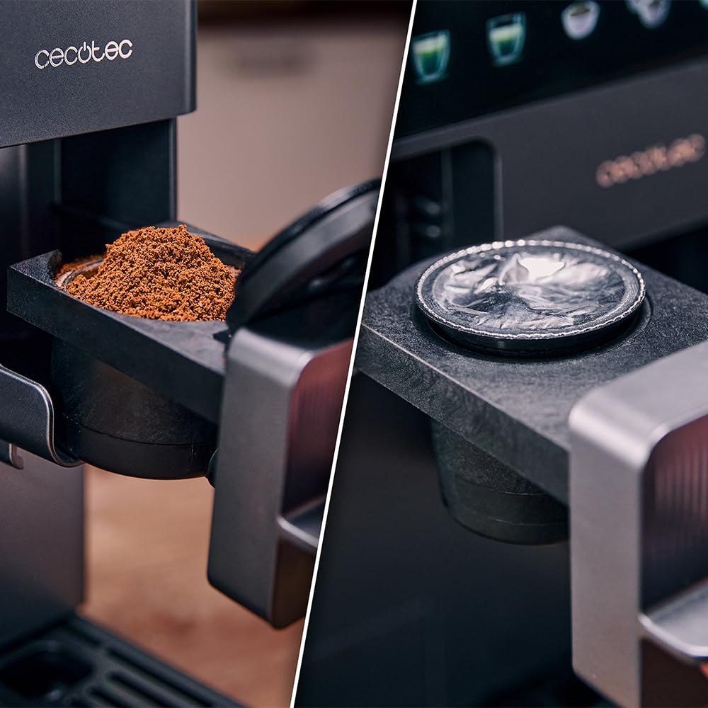 Cecotec Cafetera de Cápsula Freestyle Grind & Latte. 1400W, 20Bares, Multicápsulas, Café Grano 40g, Molinillo Cónico, 1.6L Depósito Agua, 300ml Leche, Thermoblock, Pantalla Táctil, Limpieza Automática