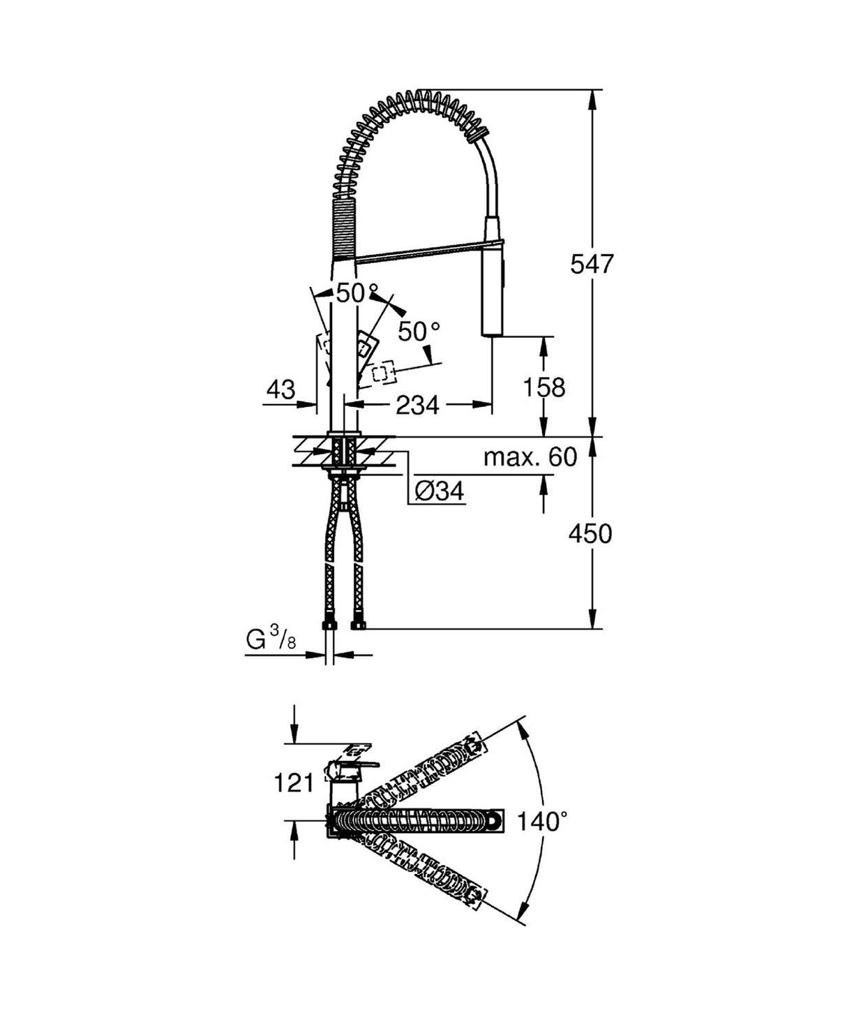 Grohe Eurocube - Grifo de cocina 1/2", aireador extraíble, cartucho de 28 mm, caño giratorio 140°, conexiones flexibles (31395000)