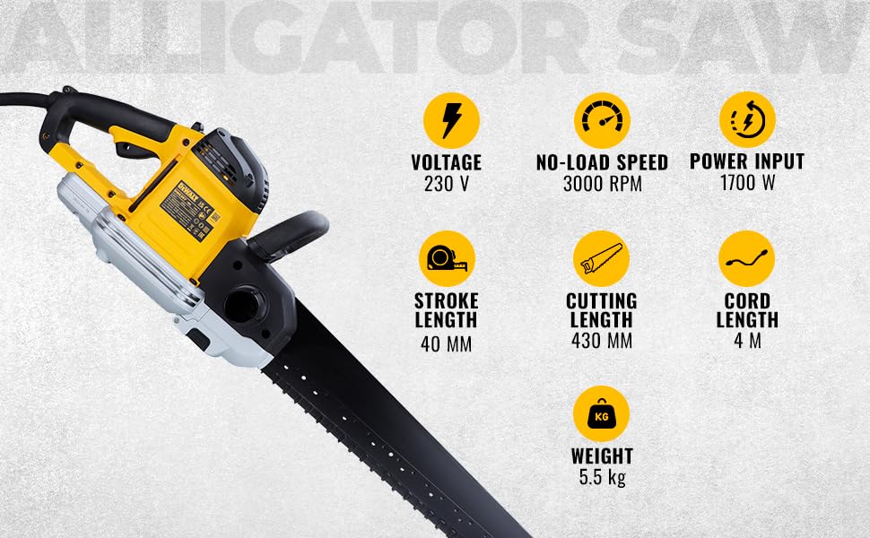 DEWALT DWE397-QS - Sierra Alligator 1700W, Longitud de la Hoja 43 cm, Carrera de la Hoja 40 mm , Velocidad del Motor 3000 cps/min , Segura y Ligera, Bloqueo de Seguridad
