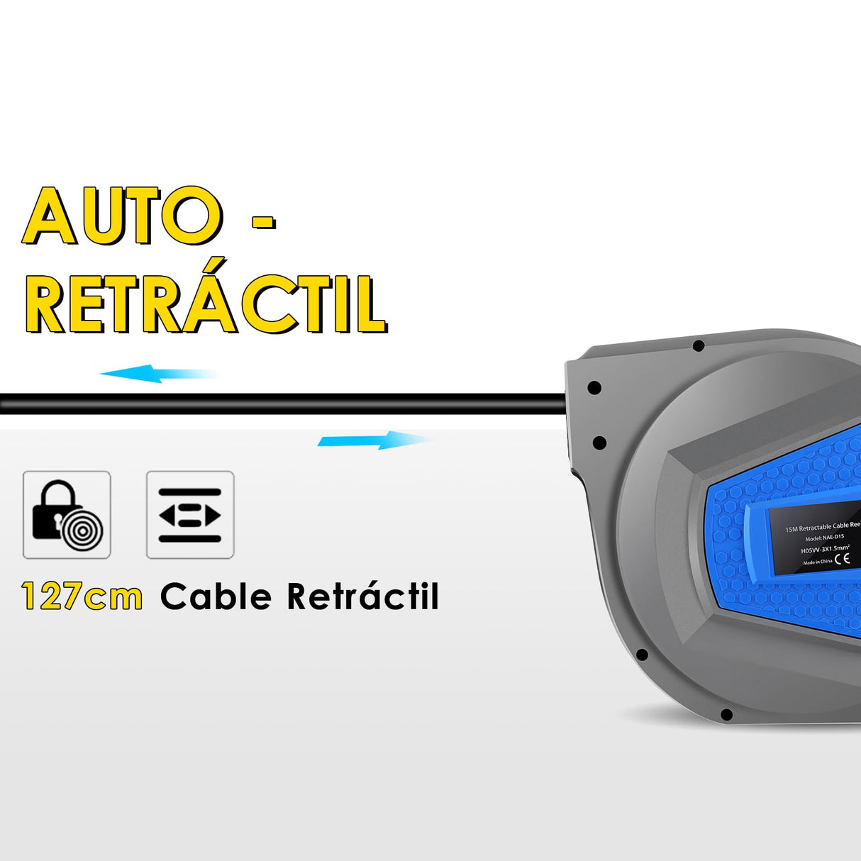 Himimi® Enrollador de Cable Retráctil Automático| 15m+1m Enrollador de Cable Montable en Pared y Techo | Rotación de Cables 180° | Adecuado para Uso Interior y Exterior | Potencia de 1500-3000W