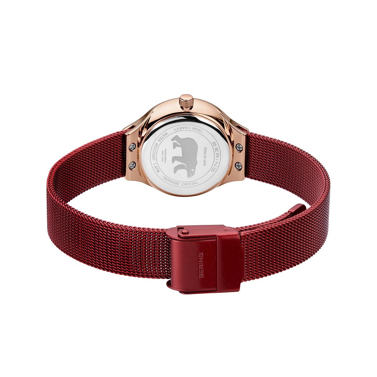 BERING 13326-Charity Reloj de cuarzo para mujer con caja de acero inoxidable de 26 mm con acabado en oro rosa y esfera roja, correa milanesa, cristal de zafiro y resistencia al agua de 3 ATM