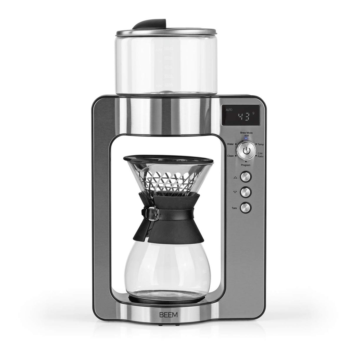 Beem Basic Selection Pour Over - Cafetera goteo con báscula de cristal, de acero inoxidable, jarra de café de 0,75 L, con principio de preparación directa, con cabezal giratorio