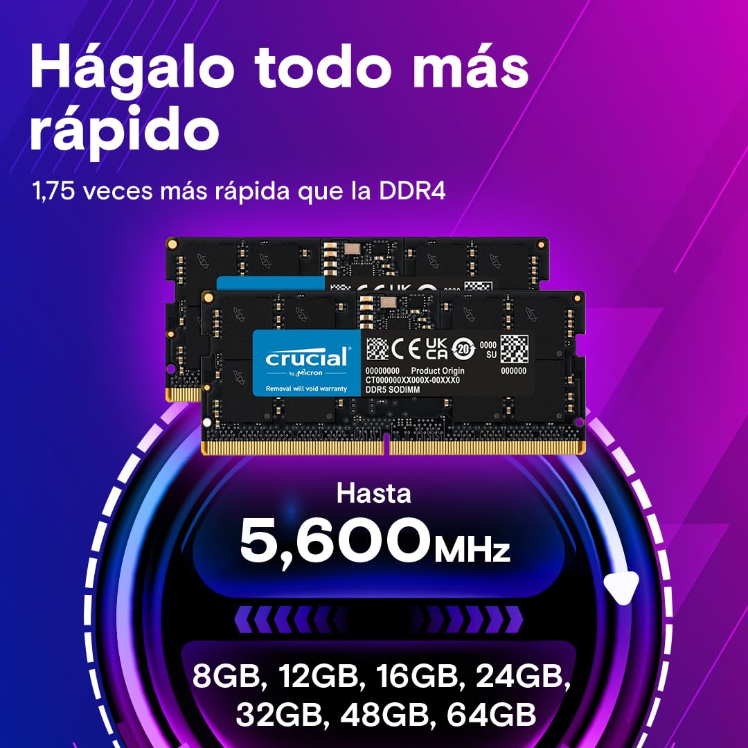 Crucial RAM DDR5 32GB Kit (2x16GB) 5600MHz SODIMM, Memoria para Ordenador Portátil/Laptop, Mini PC, (o 5200MHz / 4800MHz) CL46 - CT2K16G56C46S5