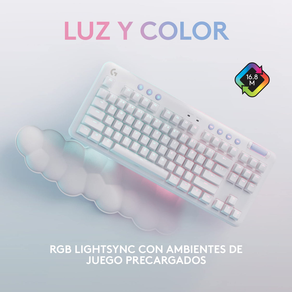 Logitech G G715 Teclado inalámbrico para Juegos con Velocidad de luz RGB LIGHTSYNC, interruptores táctiles (GX Brown) y reposamuñecas para Teclado, PC y Mac, Niebla Blanca