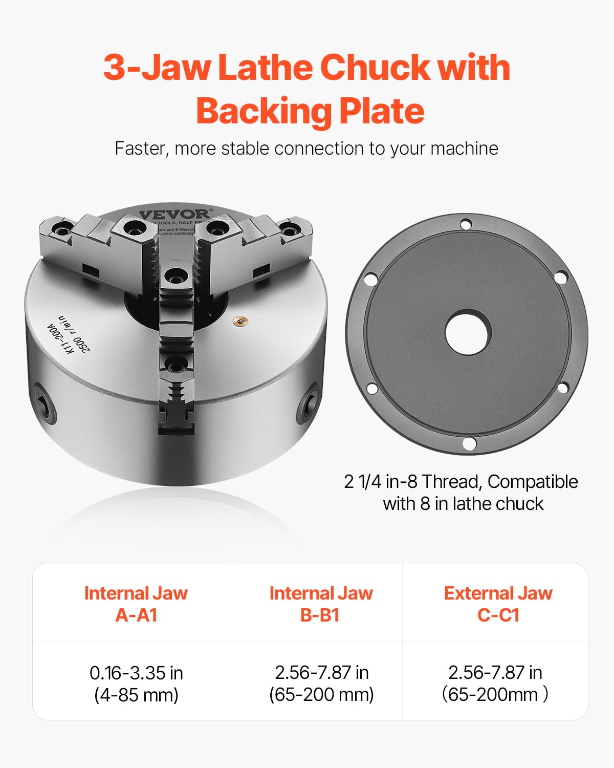 VEVOR Mandril de Torno de 3 Mordazas Diámetro Exterior de 200 mm, Autocentrante con Placa de Soporte Roscada, Rango de Sujeción de 4-200 mm con Tornillos de Llave en T para Torno de Madera y Metal