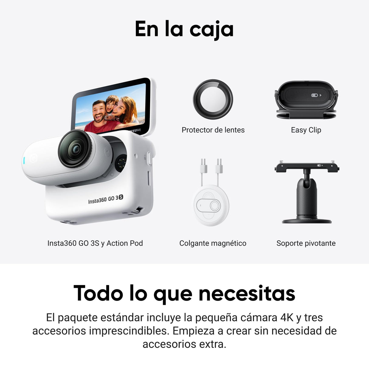 Insta360 GO 3S Blanco (128 GB) - Cámara Vlogging 4K, POV Manos Libres, Móntala Donde Quieras, Estabilización, 140 Min de batería, Impermeable 10 M, Edición IA, Apple Find My, Vlog, Viajes, Exteriores