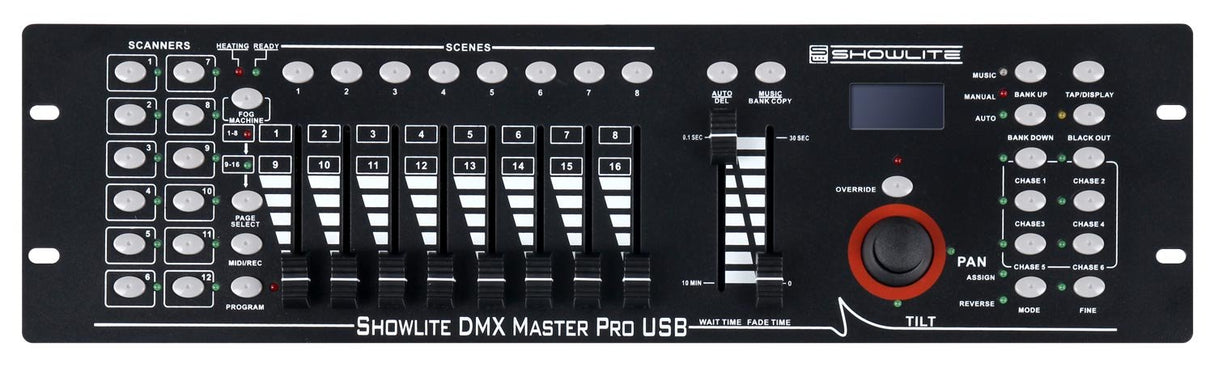 Controlador DMX Showlite Master Pro 192 canales, control profesional de iluminación, conexión USB para datos, hasta 240 memorias de escenas, entrada MIDI estándar de 5 pines.