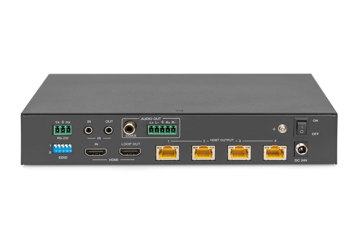 DIGITUS DS-55510 HDMI Extensor/Divisor HDMI 1:4 (HDBaseT) - UHD 4K/60 Hz - 120 m a través de cable LAN (HDBaseT 100 m) - Set: Transmisor y Receptor - Loop-Out, IR Infrarrojos, Audio, EDID, RS232