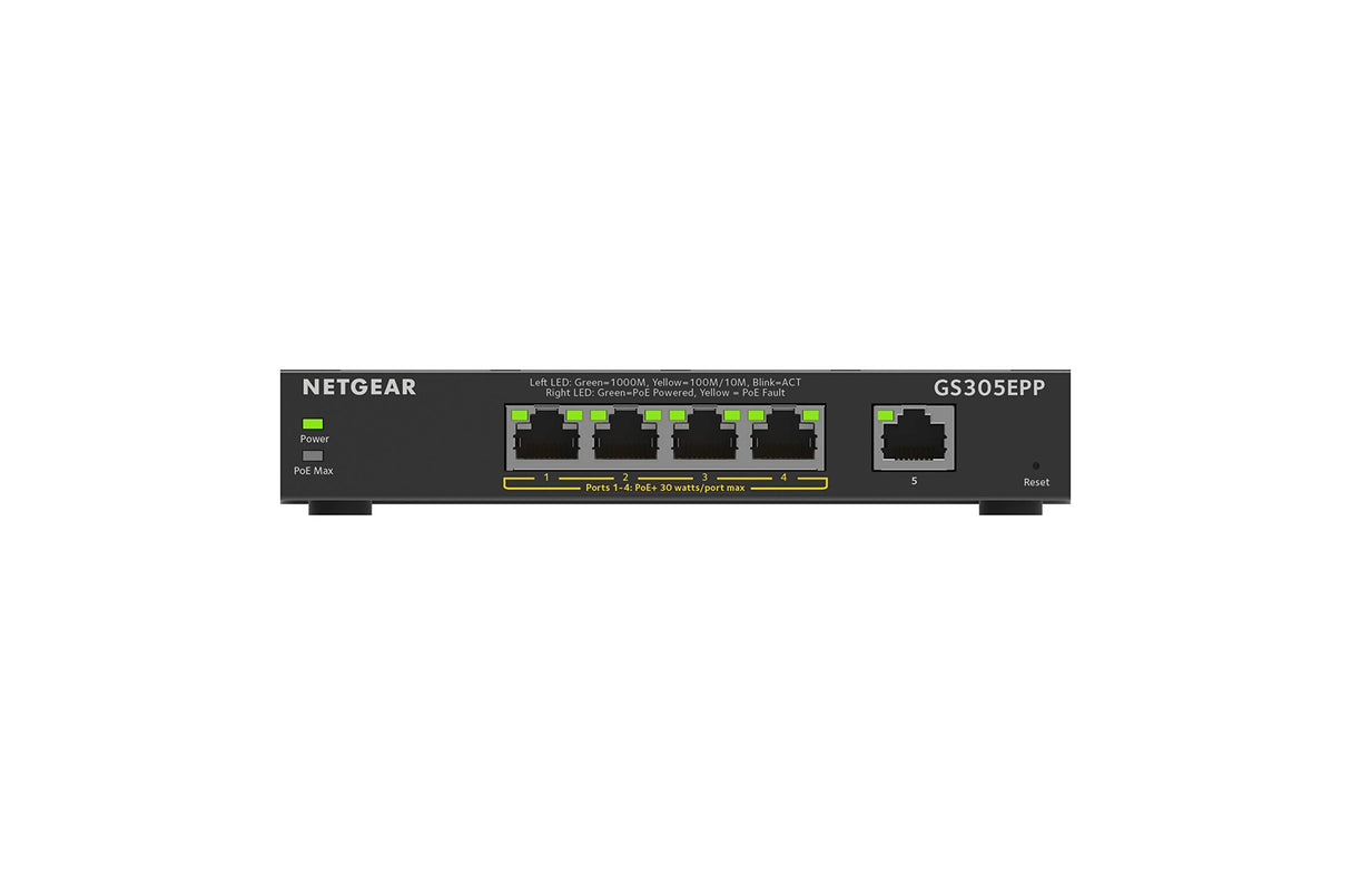 NETGEAR Switch PoE de 5 Puertos Smart Plus GS305EP, Ethernet con 4 x PoE+ a 63 W, Montaje sobremesa/Pared