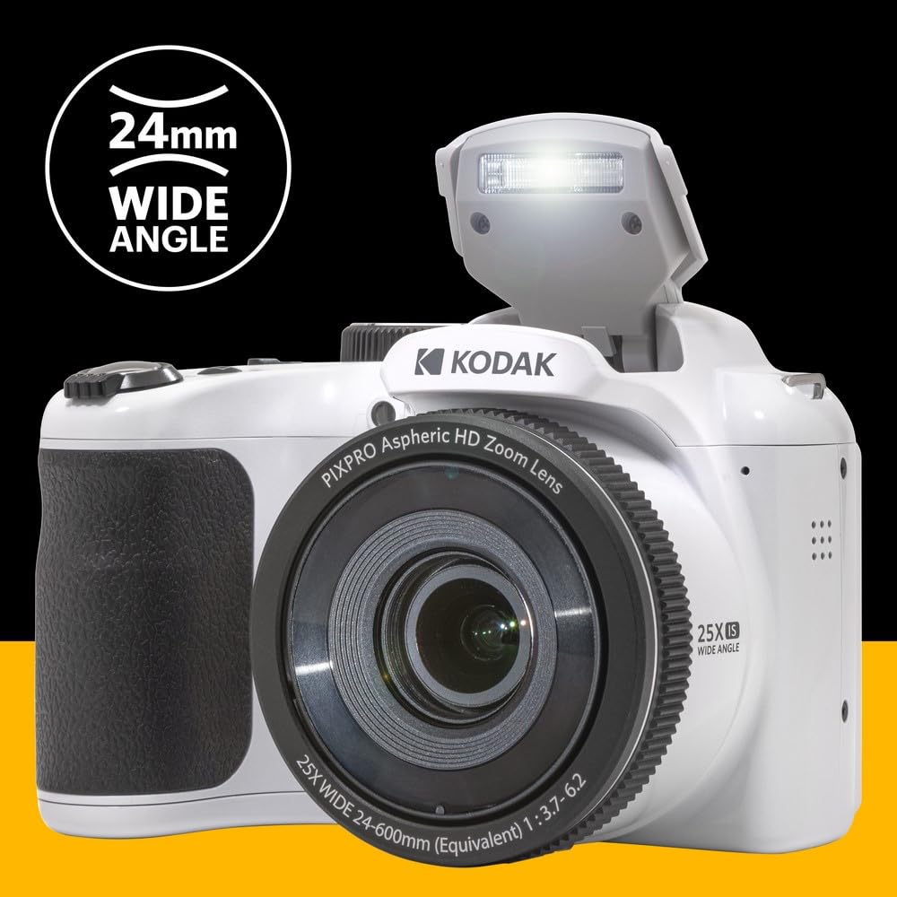 KODAK Pixpro Astro Zoom AZ255 + Tarjeta de Memoria SD de 32 GB – Cámara de Puente Digital de 16 MP, Zoom 25X, Video HD 1080p, Gran Angular de 24 mm, Pantalla LCD 3, Pila AA – Blanco