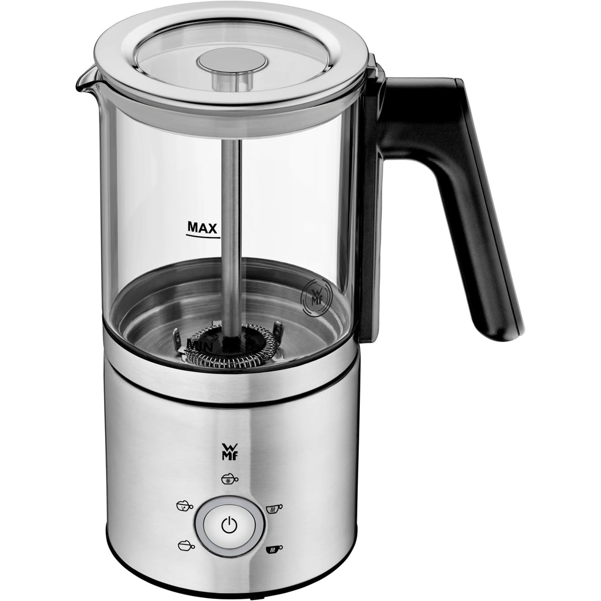 WMF Lono - Espumador de leche de cristal eléctrico, 150-250 ml, 650 W, batidora de frape, pantalla táctil, para espuma de leche caliente y fría, leche caliente, calentador de leche, cacao, chocolate