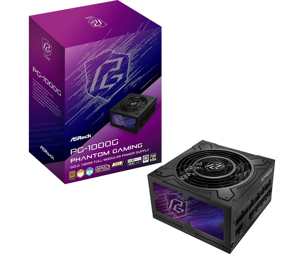 Fuente ALIMENTACION ASROCK SL-1000G,PSU,1000W,80 Plus Gold,135MM,Modular,PCI-E 5.1 (12+4pin) x1,PCI-E (6+2 Pin) x3,SATA (5 Pin) x9