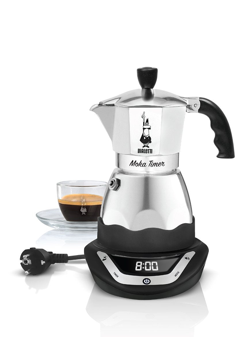 Bialetti Eléctrico Moka Temporizador, Capacidad por 6 Carribas, 365W, Plata / Negro