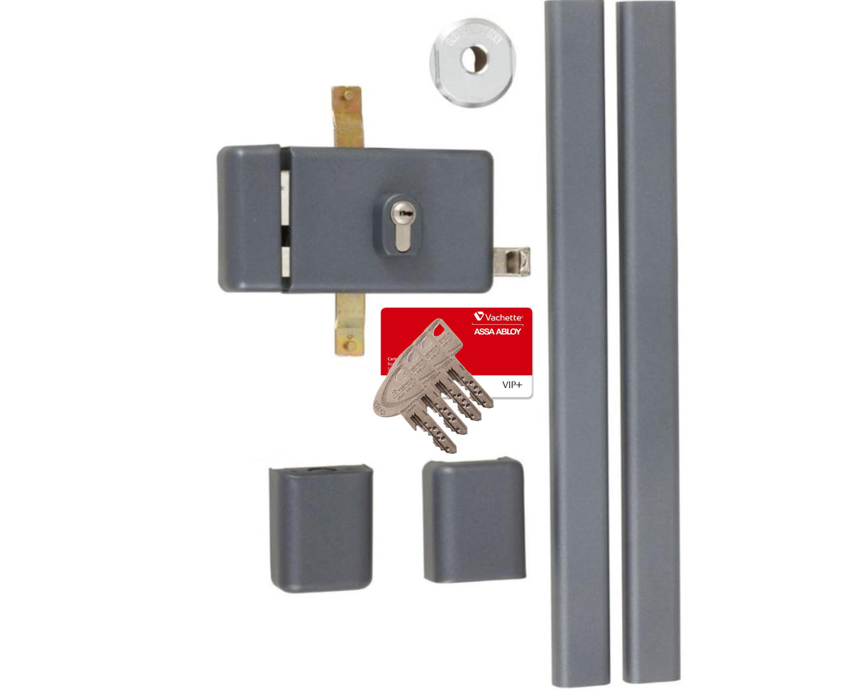 Vachette - Cerradura de aplique multipunto horizontal con tirada múltiple serie 8800, tiro izquierdo, certificado A2P*, alta seguridad, 3 puntos de cierre, 4 llaves VIP+ patentadas incluidas, gris