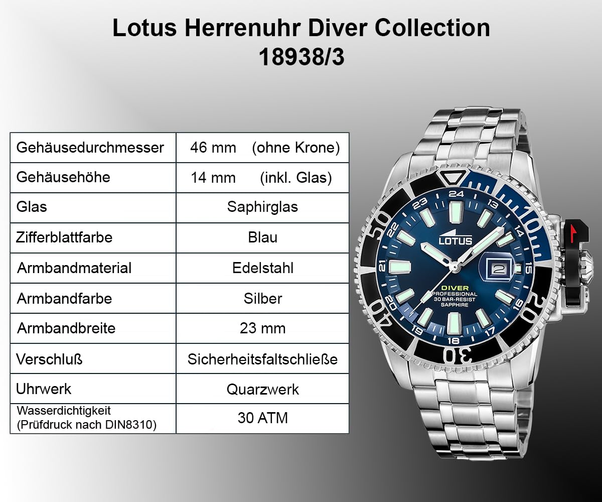 Reloj Lotus para Hombre 18938/3 Diver Caja de Acero Inoxidable 316l Plateado Correa de Acero Inoxidable 316l Plateado