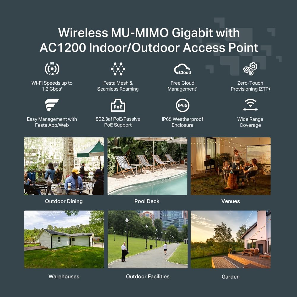 TP-Link Festa F52-Outdoor | Punto de Acceso WiFi 5 AC1200 | IP65 a Prueba de Agua, Ideal para Exteriores, 1× Puerto Gigabit, Gestión centralizada en la Nube Gratuita, Configuración y Uso fáciles.
