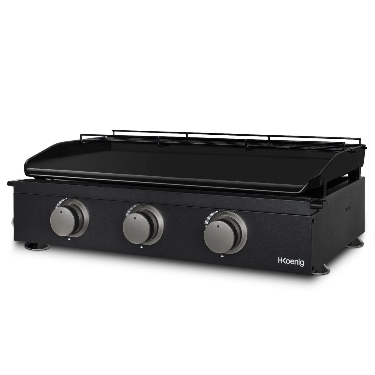 H.Koenig PLX1032 Plancha de Gas, 3 quemadores en U, Acero Inoxidable, Placa en Hierro Fundido, Gas Propano o Butano, Facil Limpieza, Antideslizante, Negro
