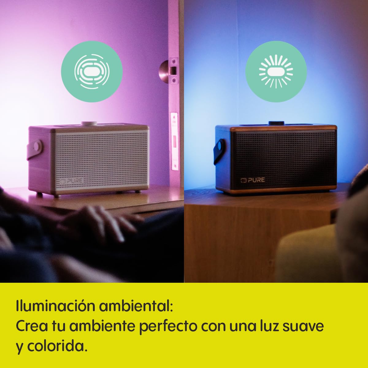 Pure Classic Aura Altavoz Bluetooth portátil 40W con batería 10000mAh, función Powerbank, Luces ambientales, 30h autonomía, USB-C, Entrada AUX, Resistente a Salpicaduras IPX2 – Marrón Café/Nogal