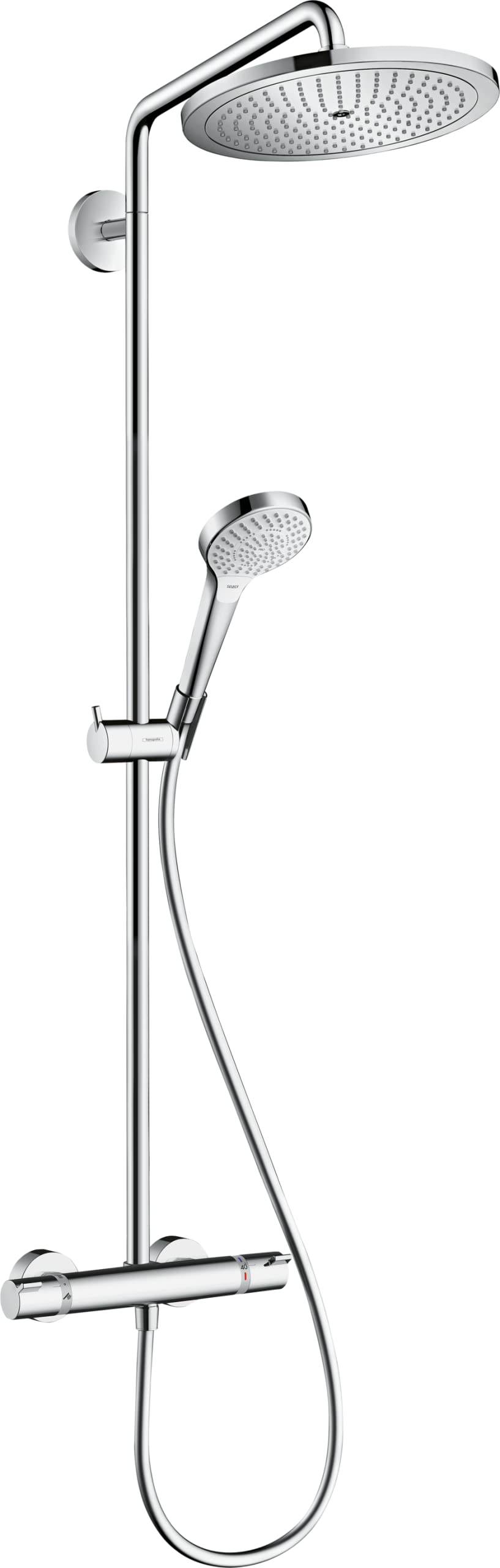 hansgrohe Croma Select S - sistema de ducha con termostato, ducha lluvia (280 mm) con grifo, ducha de mano (3 tipos de chorro), flexo, barra, ducha fija redondo (1 tipo de chorro), cromo, 26790000