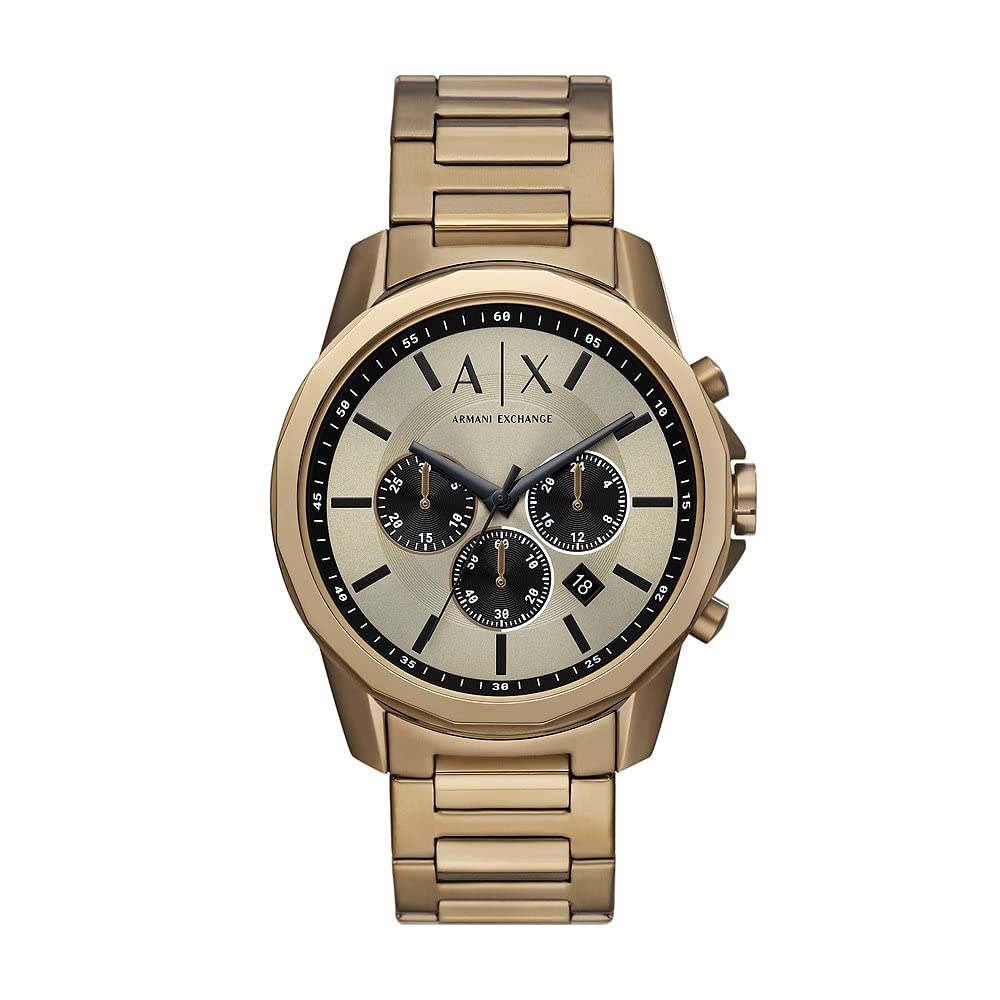 Armani Exchange Reloj Tono Oro para Hombre, Movimiento cronógrafo Cuarzo y Caja 44mm con Correa Acero Inoxidable, Tono Dorado y Crema