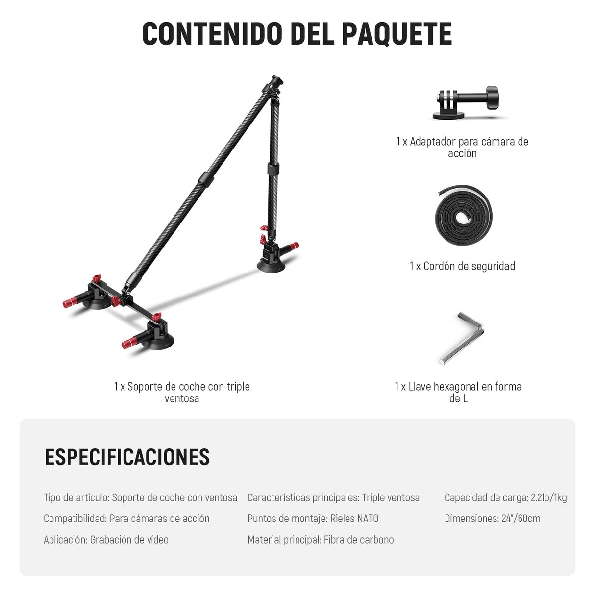 NEEWER Kit de Montaje de Coche con Triple Ventosa, Cámara Soporte de Fibra de Carbono con Adaptador Cámara Acción, Raíl NATO y Mástil de Extensión de 60cm Compatible con GoPro Insta360, MAX 1kg,CA136
