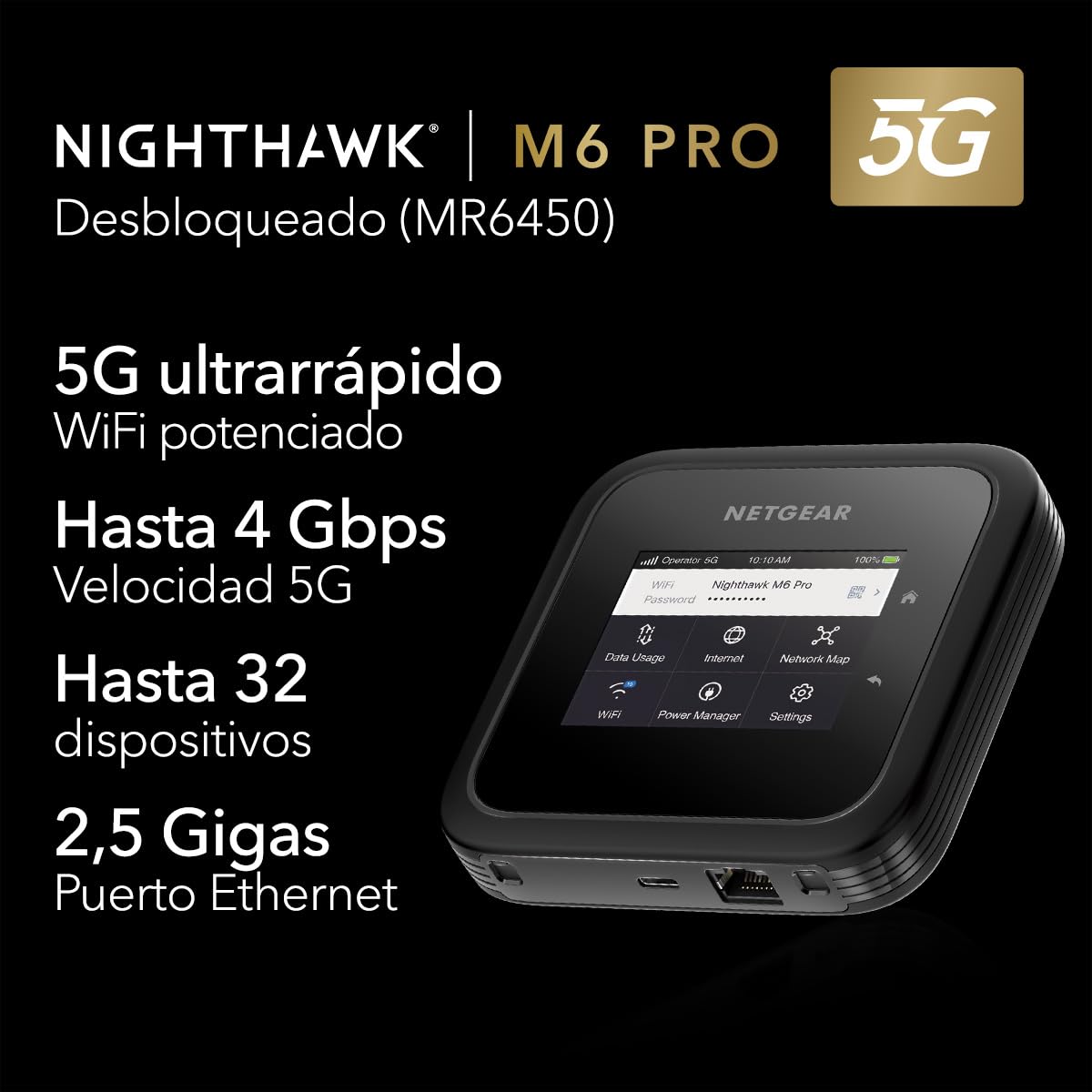NETGEAR Nighthawk M6 Pro (MR6450), Router 5G con Ranura Sim Desbloqueada, Hotspot WiFi 5G Portátil, Router Módem Móvil 5G para Hogar/Negocio, 5G & 4G MiFi, WiFi 6E AX3600 , hasta 32 dispositivos