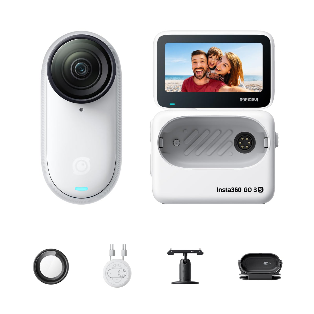 Insta360 GO 3S Blanco (128 GB) - Cámara Vlogging 4K, POV Manos Libres, Móntala Donde Quieras, Estabilización, 140 Min de batería, Impermeable 10 M, Edición IA, Apple Find My, Vlog, Viajes, Exteriores