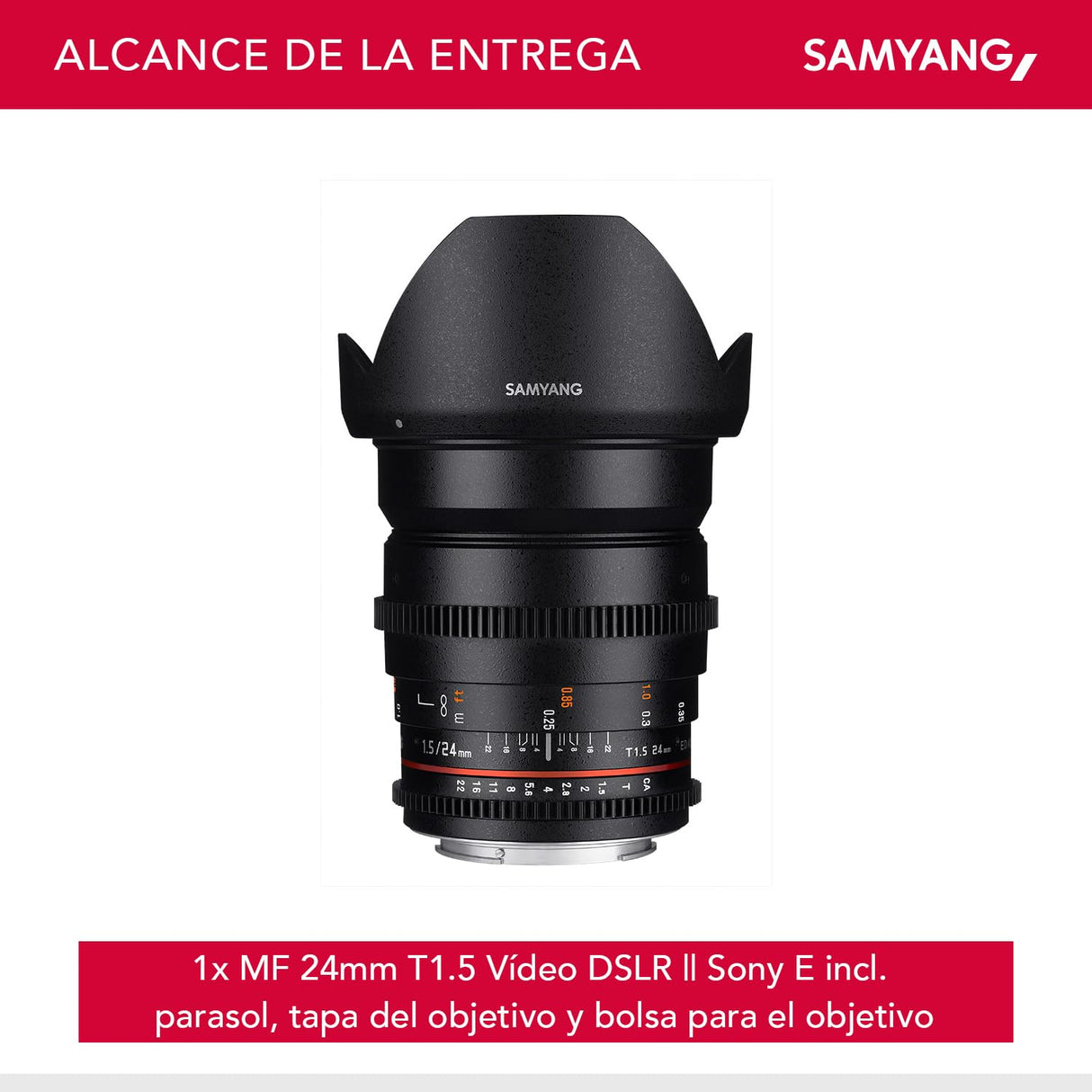 Samyang F1312806101 - Objetivo para vídeo VDSLR para Sony E (Distancia Focal Fija 24mm, Apertura T1.5-22 ED AS IF UMC II, diámetro Filtro: 77mm), Negro