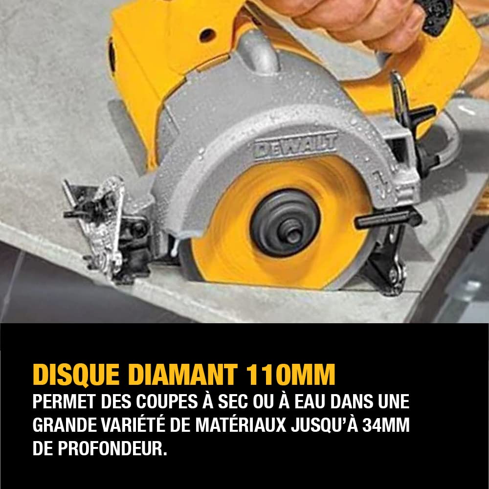DEWALT DWC410-QS - Sierra de mano Circular para Azulejos, 1300W, Disco de Diamante 110 mm, Velocidad 13,000 rpm, Corte en Seco y Húmedo, Profundidad de Corte Máxima 34 mm, Incluye Llave y Guía