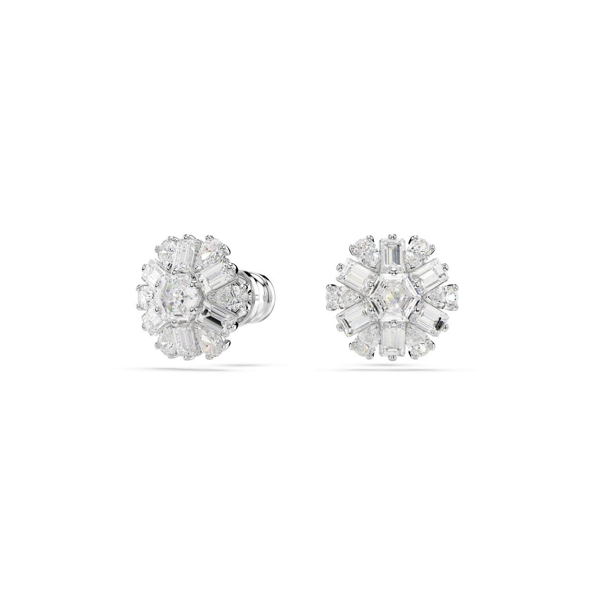 Swarovski Pendientes de botón Idyllia, Tallas mixtas, Copo de nieve, Blancos, Baño de rodio