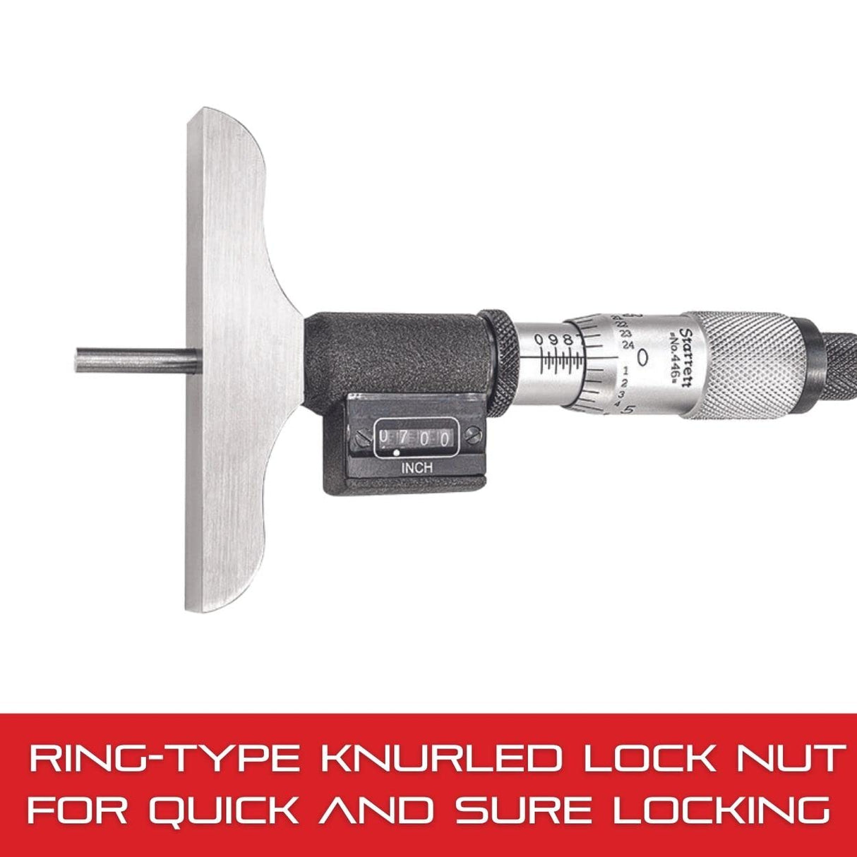 Starrett 446AZ-3RL - Medidor digital de profundidad, tope de carraca, tuerca de bloqueo, tipo micrometro, rango de 0 – 3 pulgadas, graduación de 0,001 pulgadas, precisión de +/-0,0001 pulgadas.